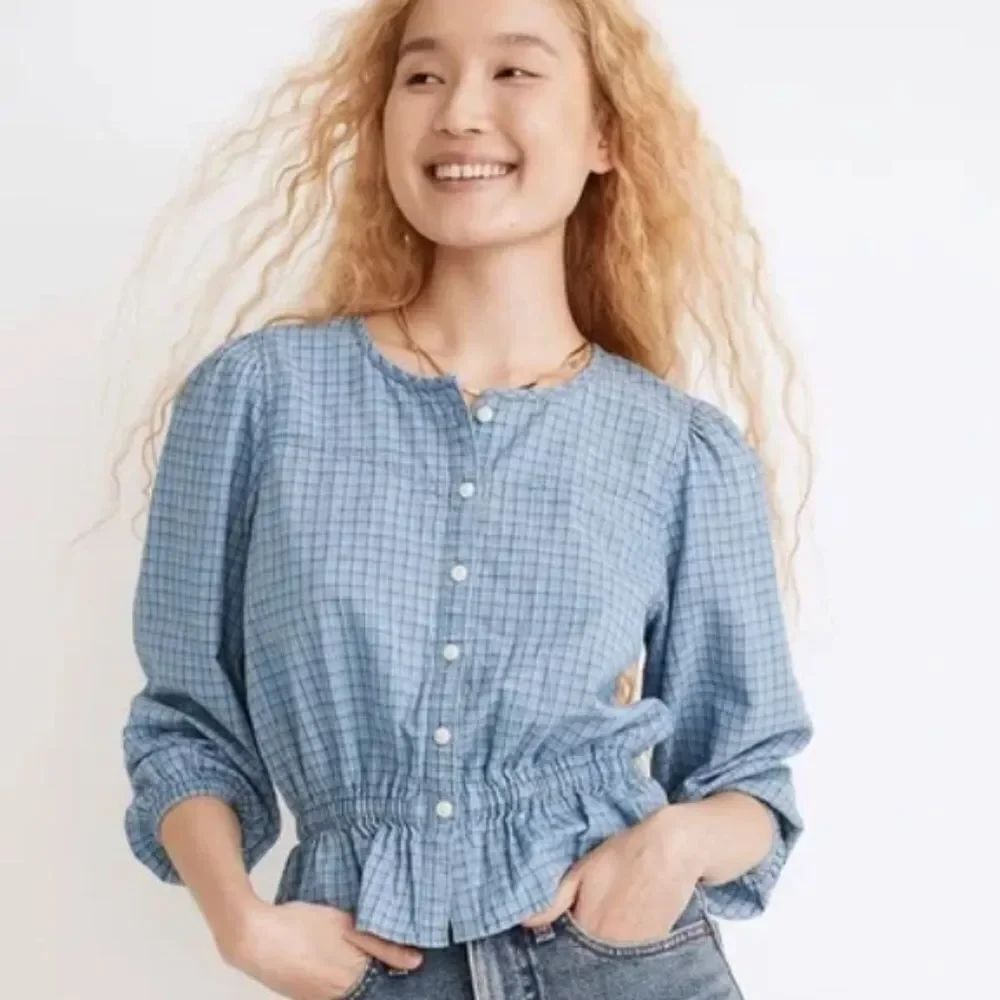 Madewell Chambray Puff-Sleeve Peplum Top in Windowpane Blue – Size S Style NE213